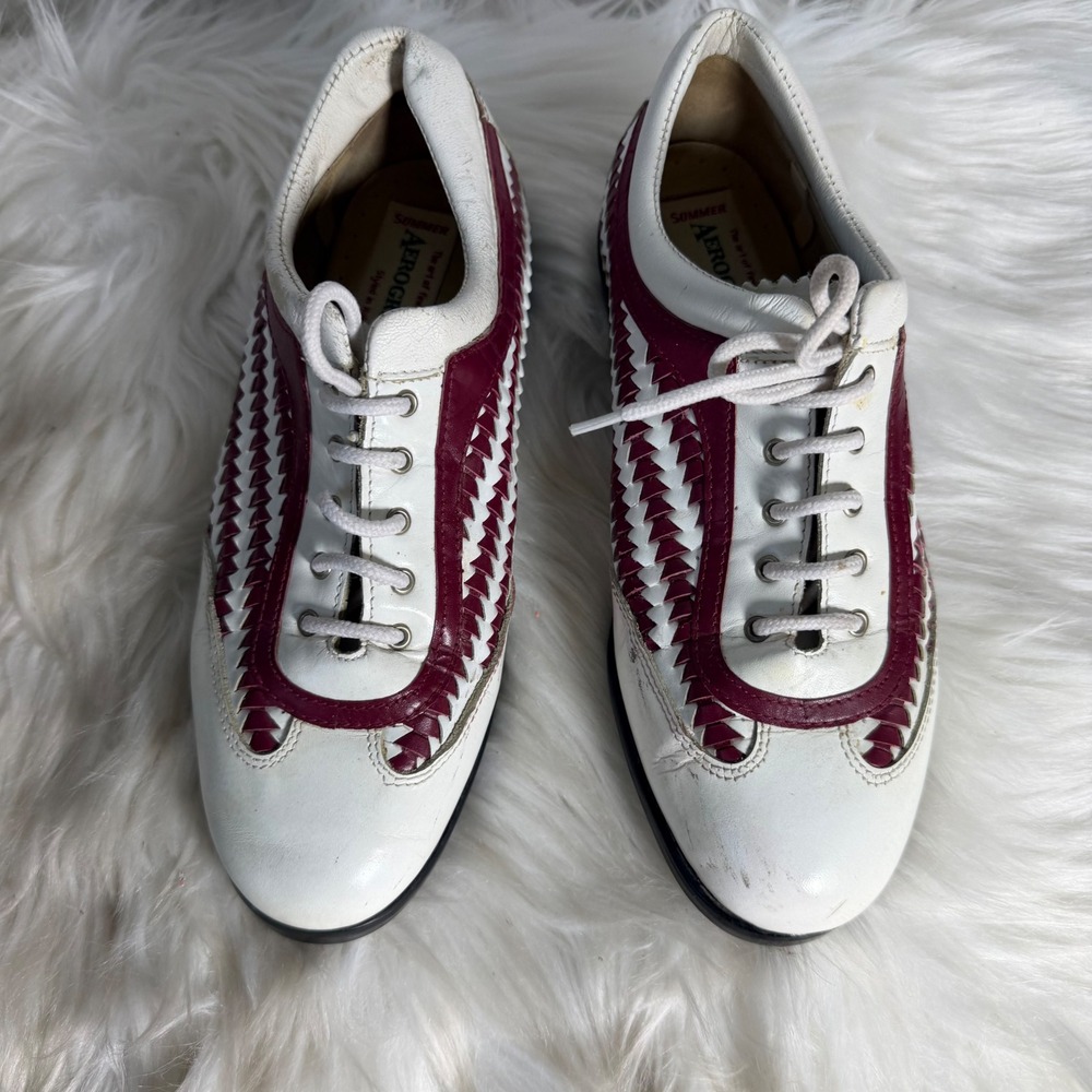 Aerogreen Womens Woven Leather Golf Shoes White Burgundy Made in Italy Size 6